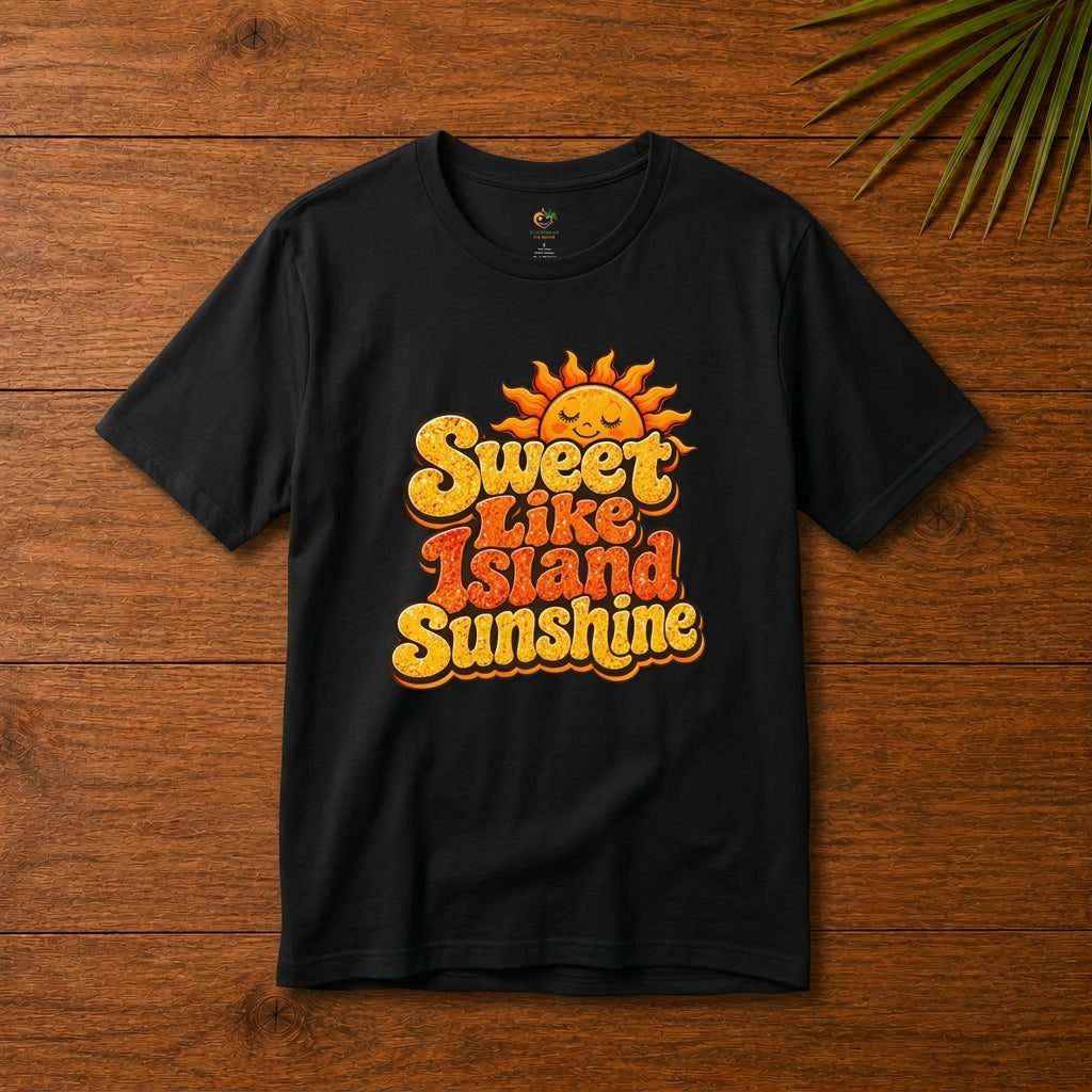 Adult unisex shirt with Sweet Like Island Sunshine Caribbean graphic for matching family outfits.