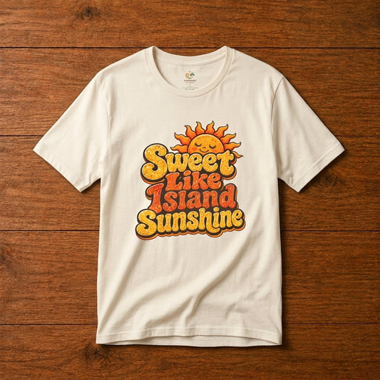 Adult unisex shirt with Sweet Like Island Sunshine Caribbean graphic for matching family outfits.