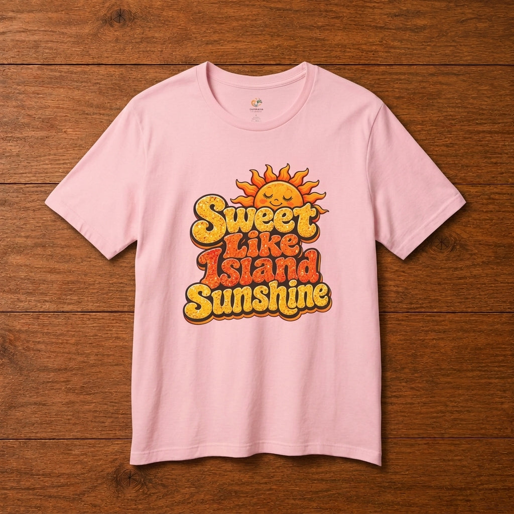 Adult unisex shirt with Sweet Like Island Sunshine Caribbean graphic for matching family outfits.