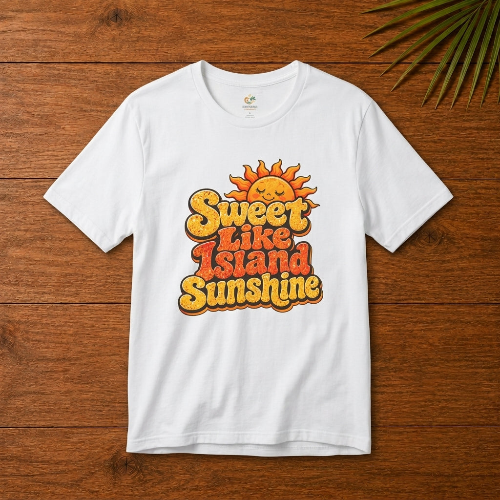 Adult unisex shirt with Sweet Like Island Sunshine Caribbean graphic for matching family outfits.