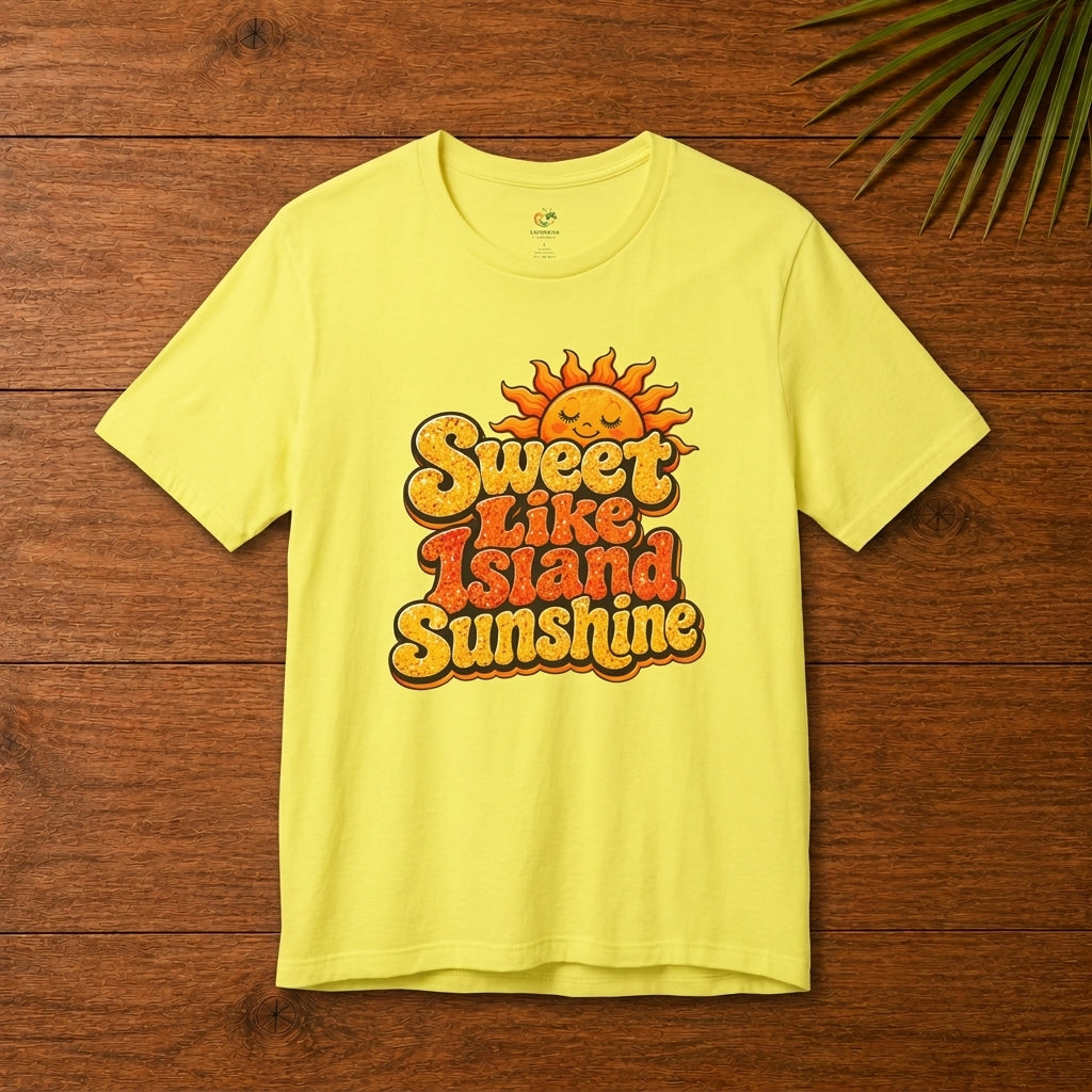 Adult unisex shirt with Sweet Like Island Sunshine Caribbean graphic for matching family outfits.