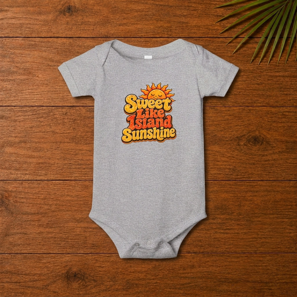 Athletic Heather baby bodysuit with Sweet Like Island Sunshine graphic and smiling sun design.