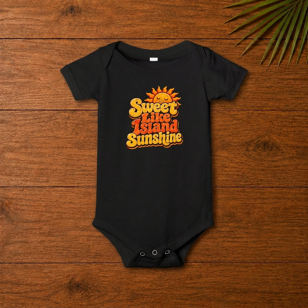 Black baby bodysuit with Sweet Like Island Sunshine graphic and smiling sun design.