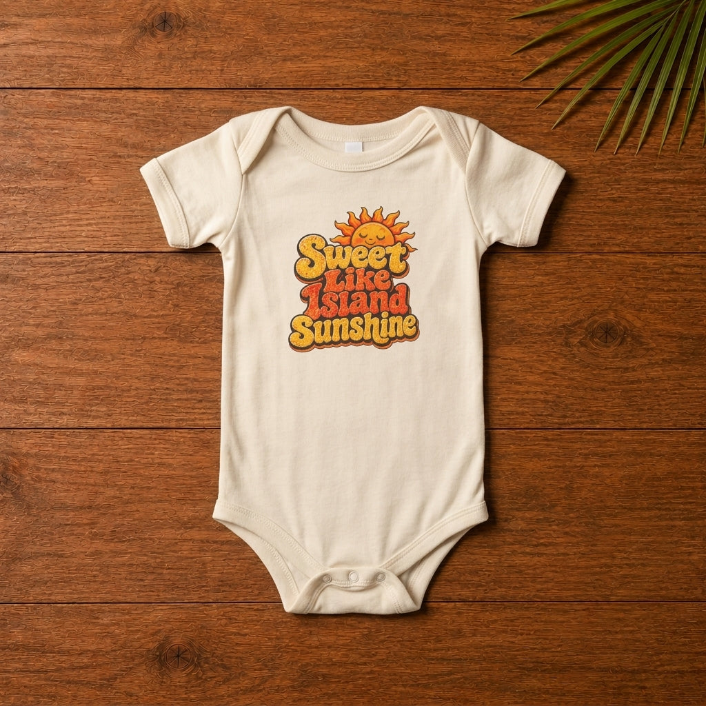 Natural baby bodysuit with Sweet Like Island Sunshine graphic and smiling sun design.