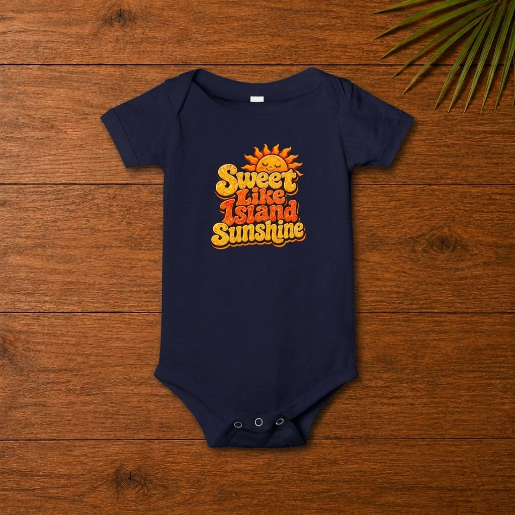 Navy baby bodysuit with Sweet Like Island Sunshine graphic and smiling sun design.