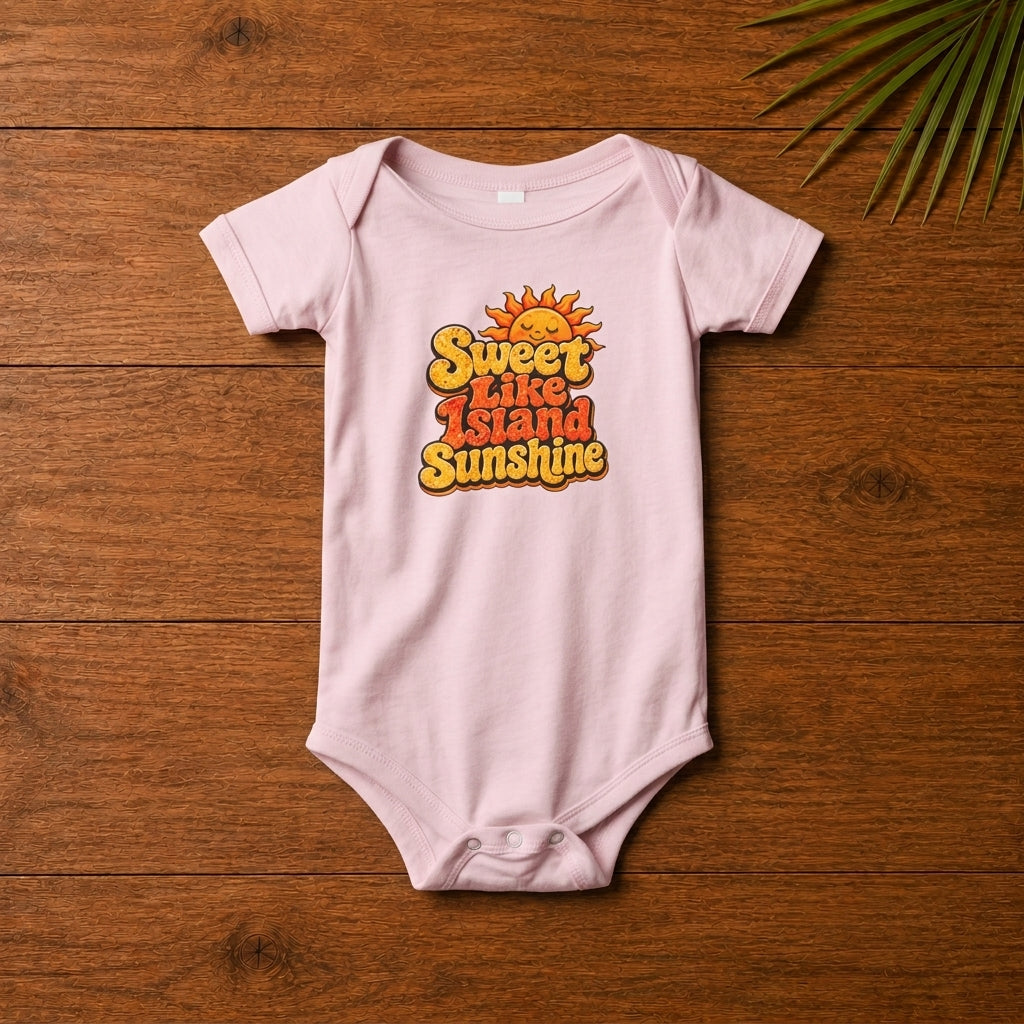 Baby Pink baby bodysuit with Sweet Like Island Sunshine graphic and smiling sun design.