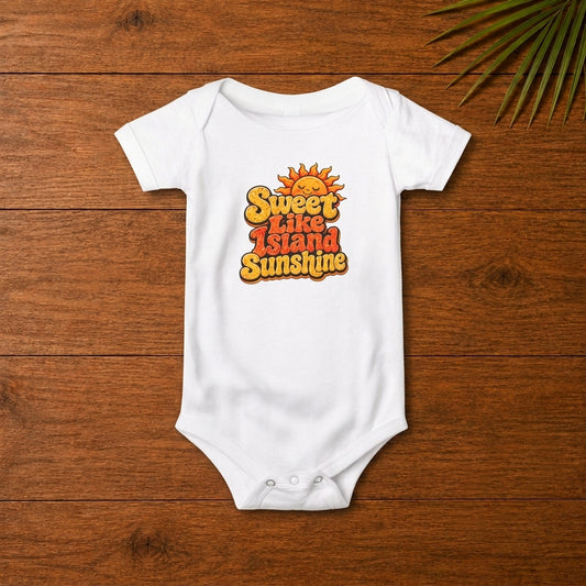 White baby bodysuit with Sweet Like Island Sunshine graphic and smiling sun design.