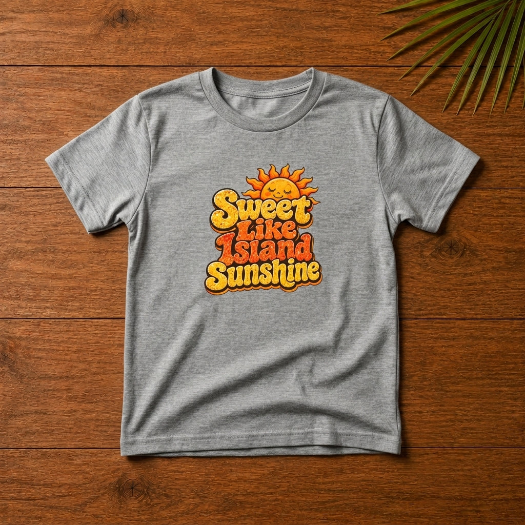 Toddler shirt with Sweet Like Island Sunshine Caribbean graphic in warm orange and yellow lettering.