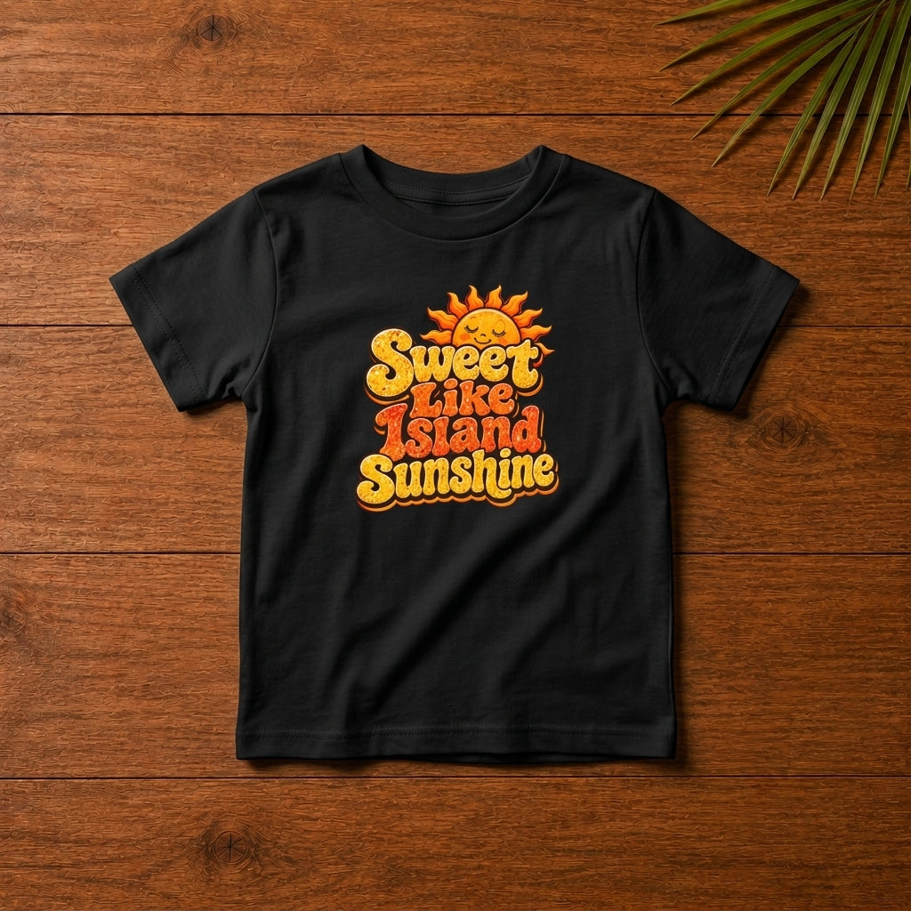 Toddler shirt with Sweet Like Island Sunshine Caribbean graphic in warm orange and yellow lettering.
