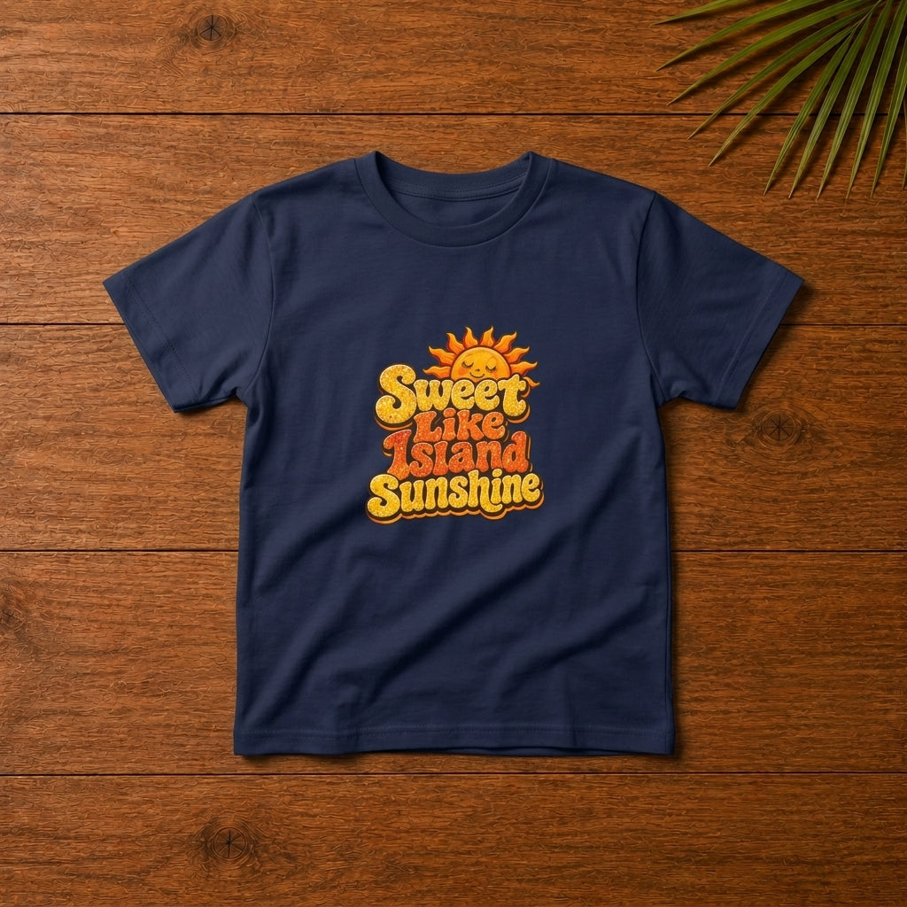 Toddler shirt with Sweet Like Island Sunshine Caribbean graphic in warm orange and yellow lettering.