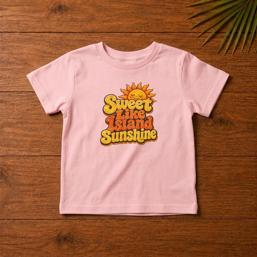 Toddler shirt with Sweet Like Island Sunshine Caribbean graphic in warm orange and yellow lettering.