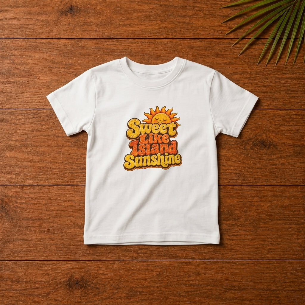 Toddler shirt with Sweet Like Island Sunshine Caribbean graphic in warm orange and yellow lettering.