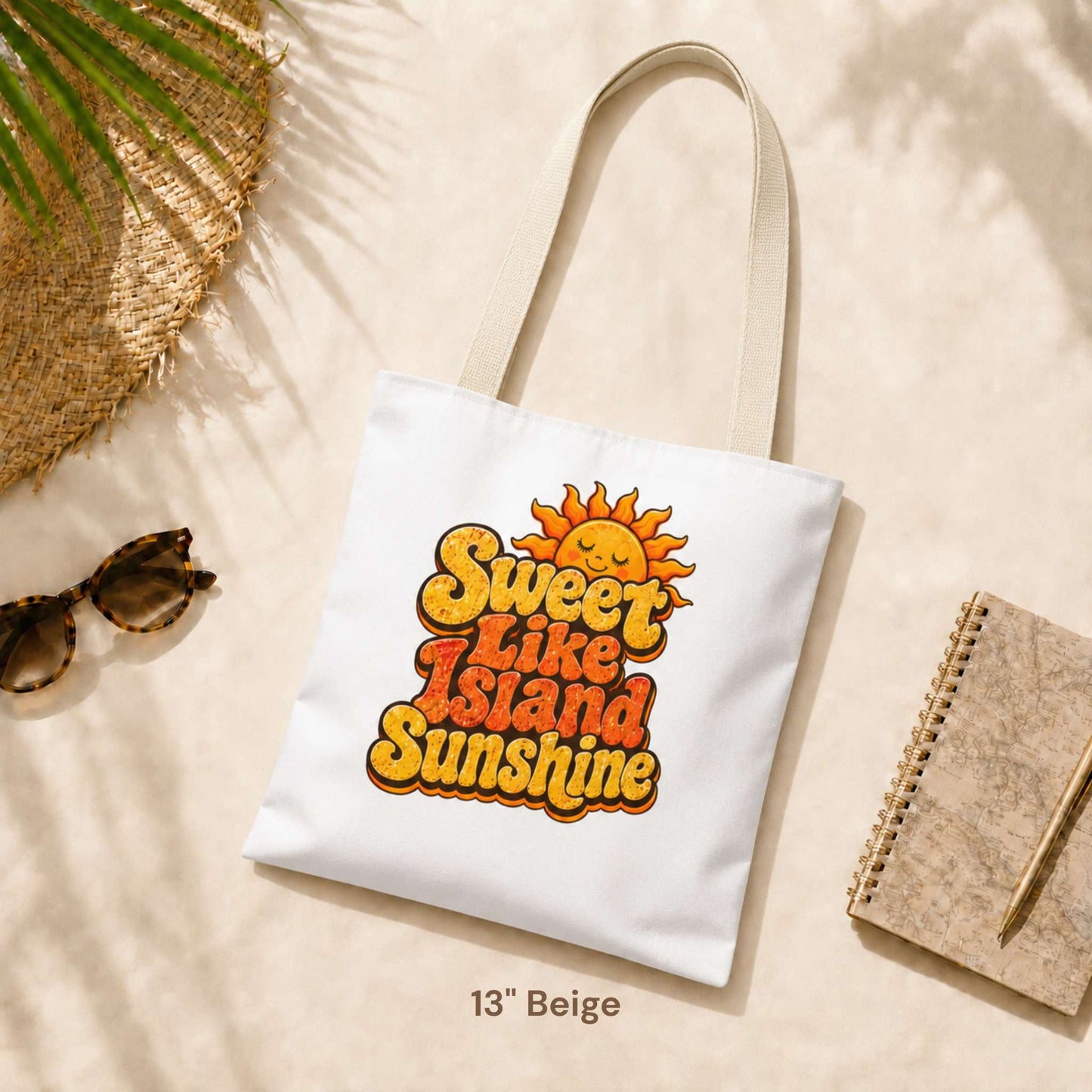 Sweet Like Island Sunshine tote bag with warm orange and yellow retro graphic and smiling sun design.