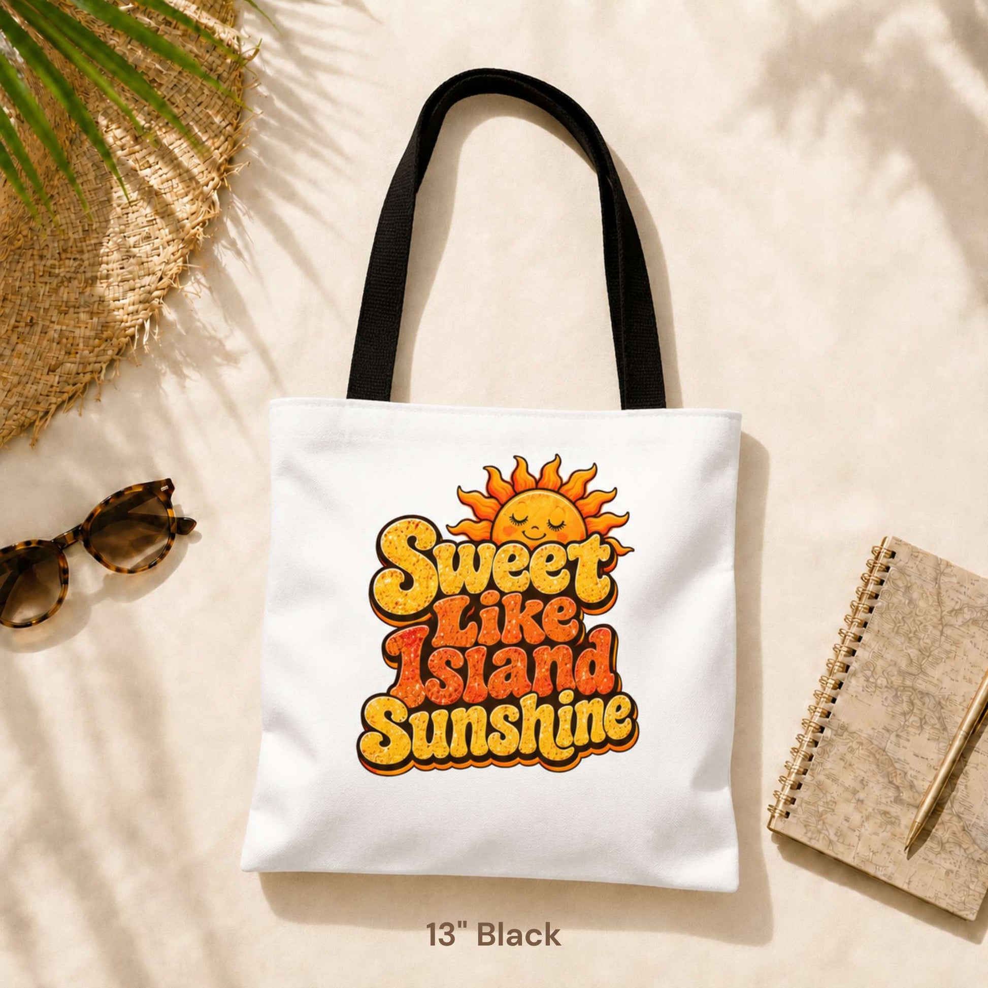 Sweet Like Island Sunshine tote bag with warm orange and yellow retro graphic and smiling sun design.
