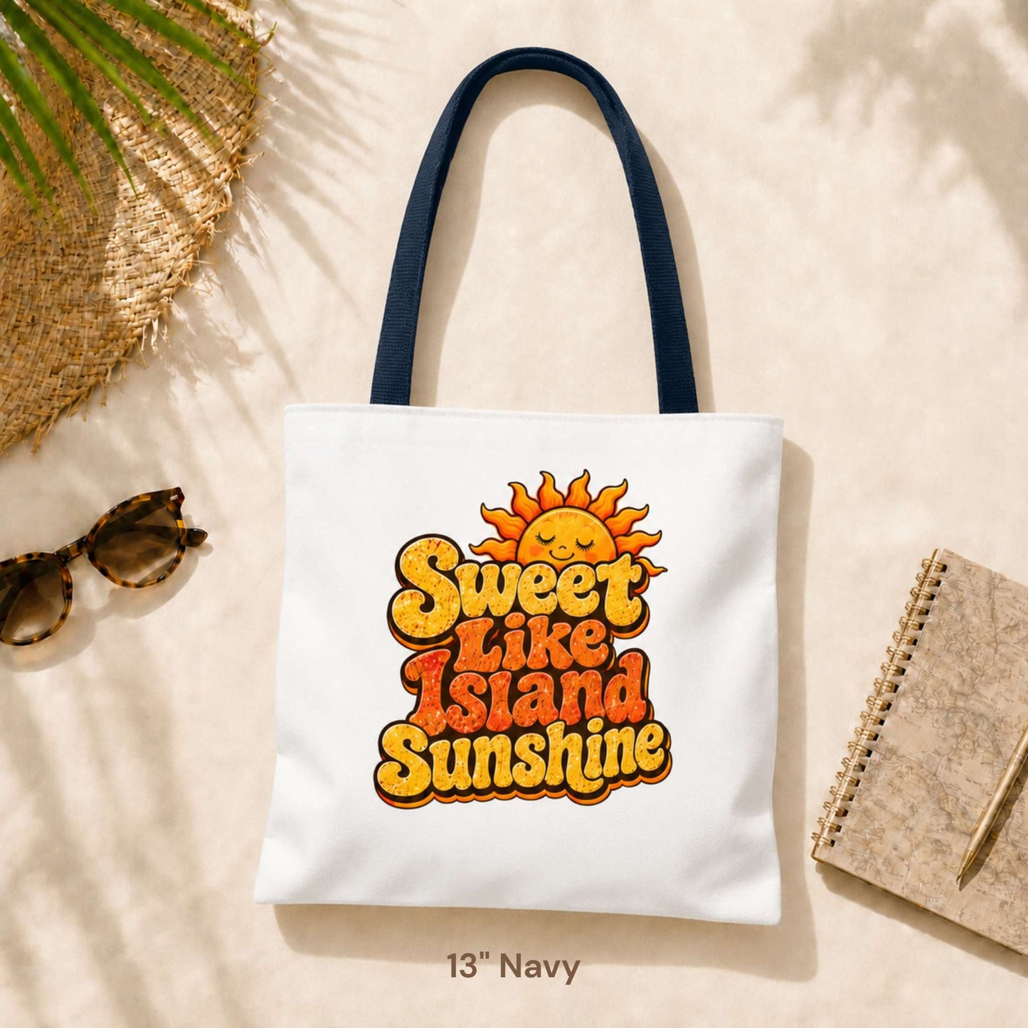 Sweet Like Island Sunshine tote bag with warm orange and yellow retro graphic and smiling sun design.