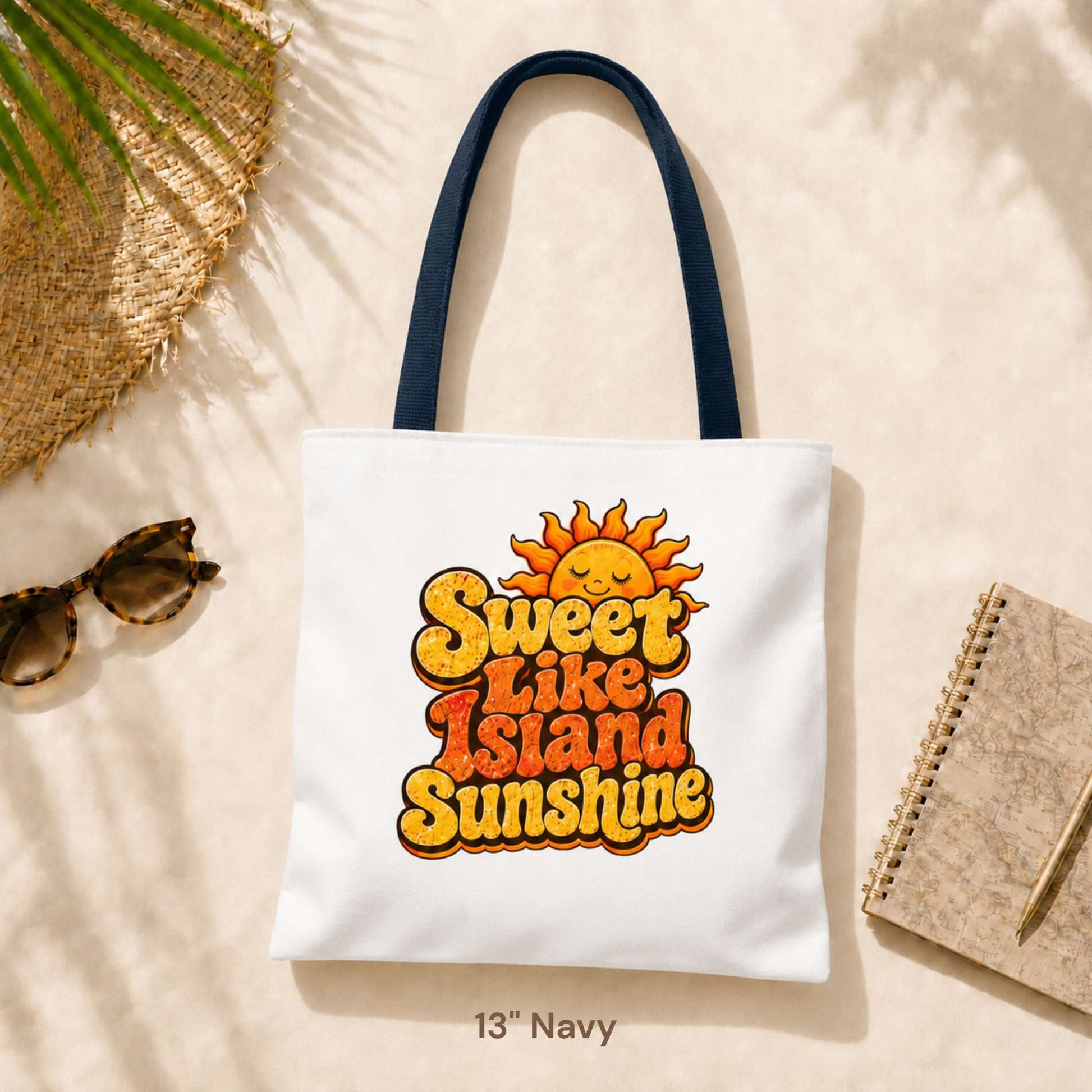 Sweet Like Island Sunshine tote bag with warm orange and yellow retro graphic and smiling sun design.