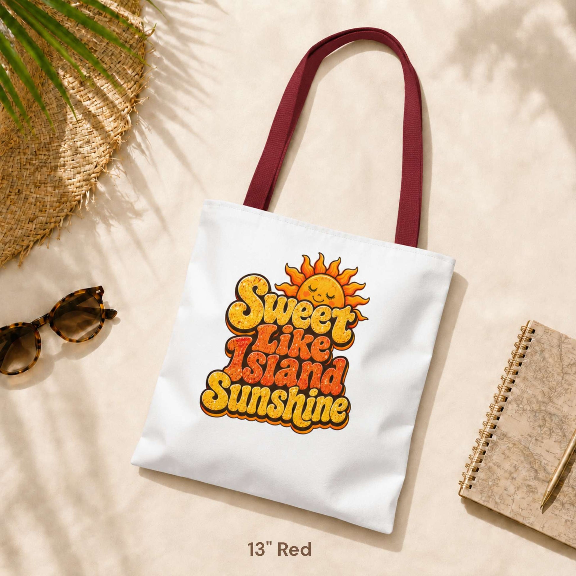 Sweet Like Island Sunshine tote bag with warm orange and yellow retro graphic and smiling sun design.