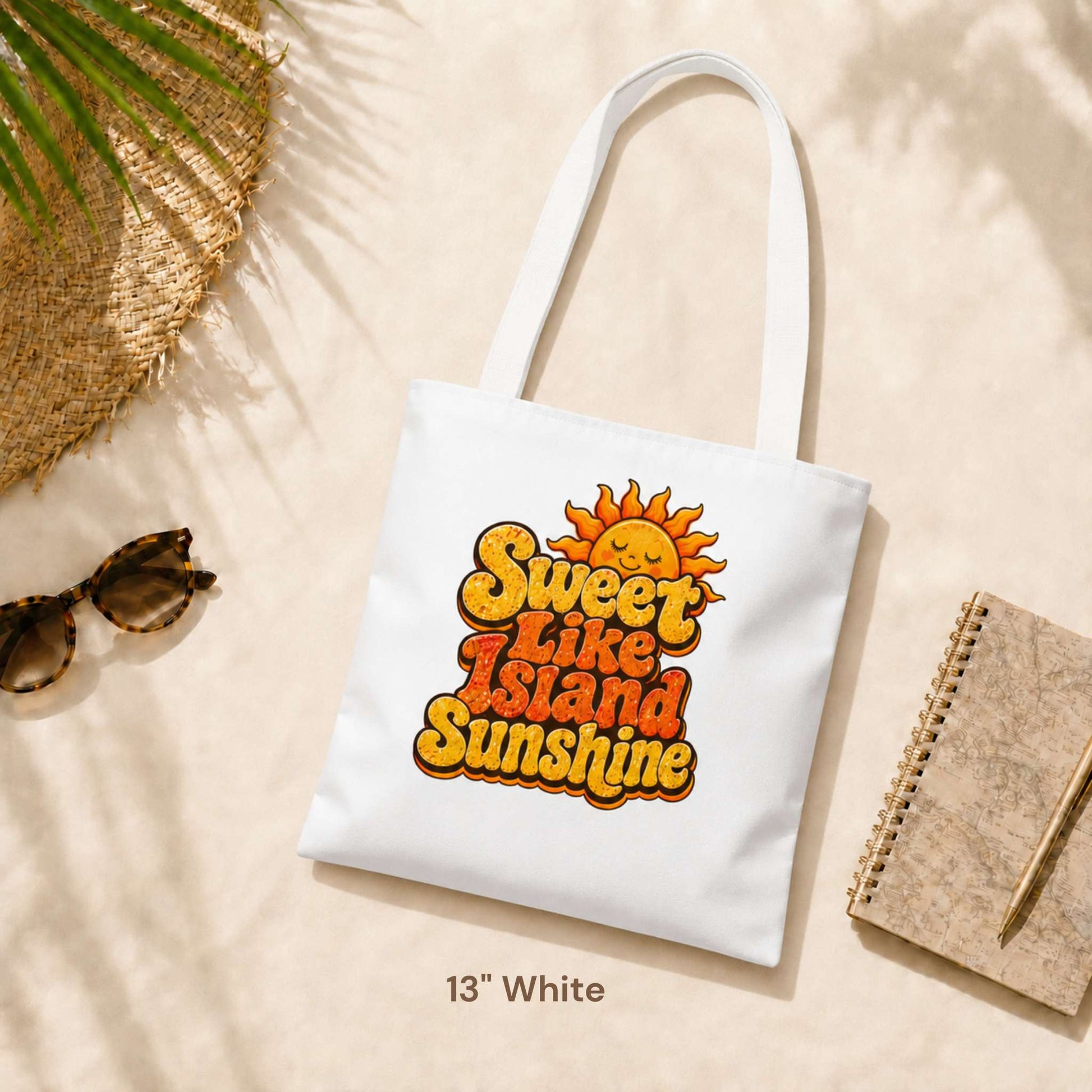 Sweet Like Island Sunshine tote bag with warm orange and yellow retro graphic and smiling sun design.