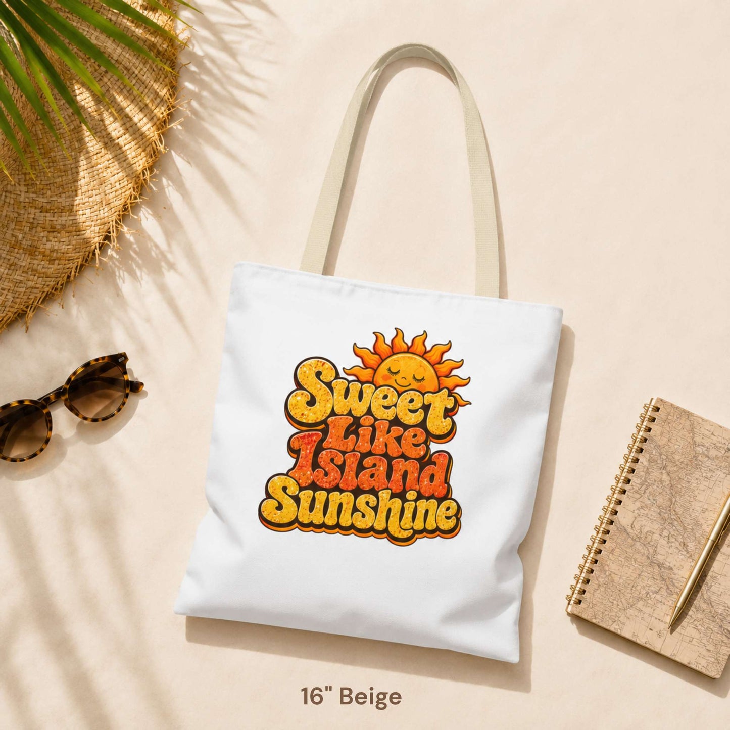 Sweet Like Island Sunshine tote bag with warm orange and yellow retro graphic and smiling sun design.