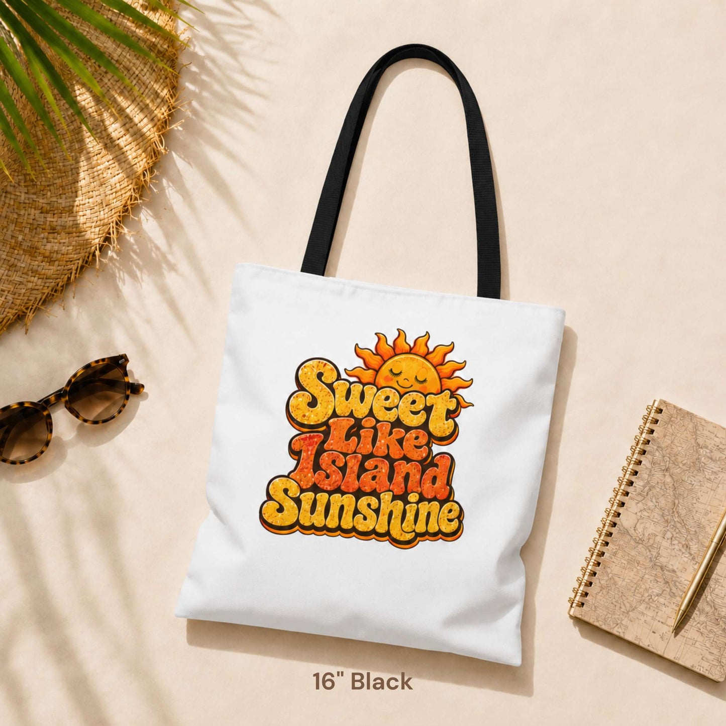Sweet Like Island Sunshine tote bag with warm orange and yellow retro graphic and smiling sun design.