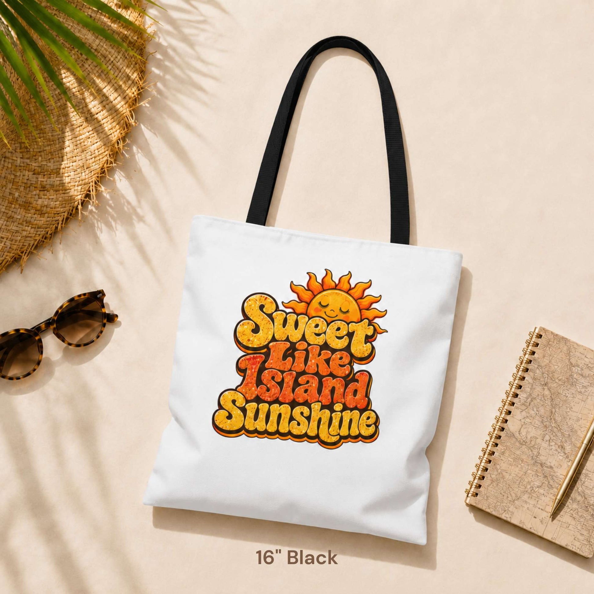 Sweet Like Island Sunshine tote bag with warm orange and yellow retro graphic and smiling sun design.
