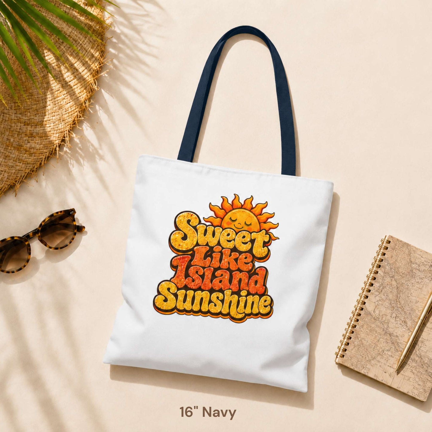 Sweet Like Island Sunshine tote bag with warm orange and yellow retro graphic and smiling sun design.
