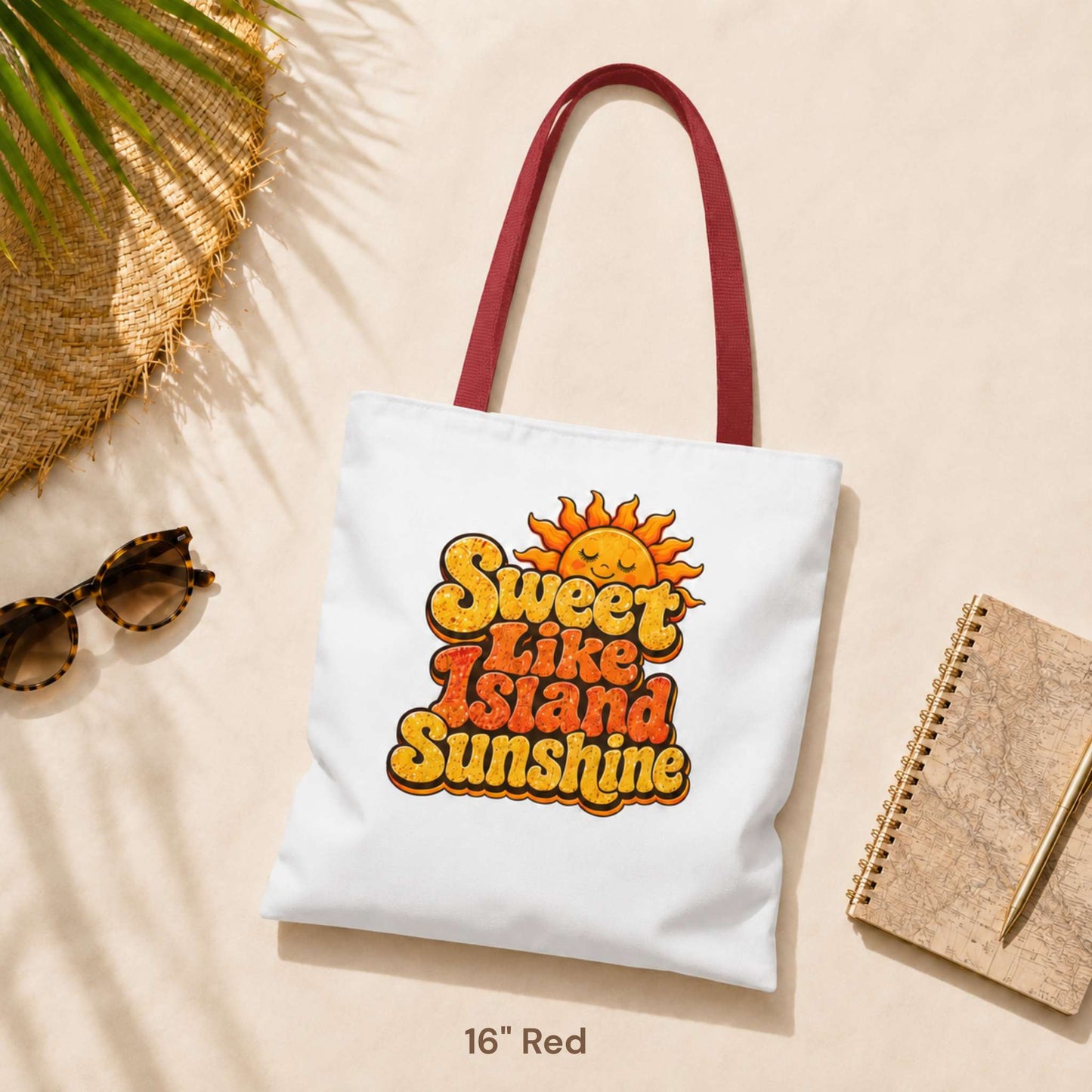 Sweet Like Island Sunshine tote bag with warm orange and yellow retro graphic and smiling sun design.