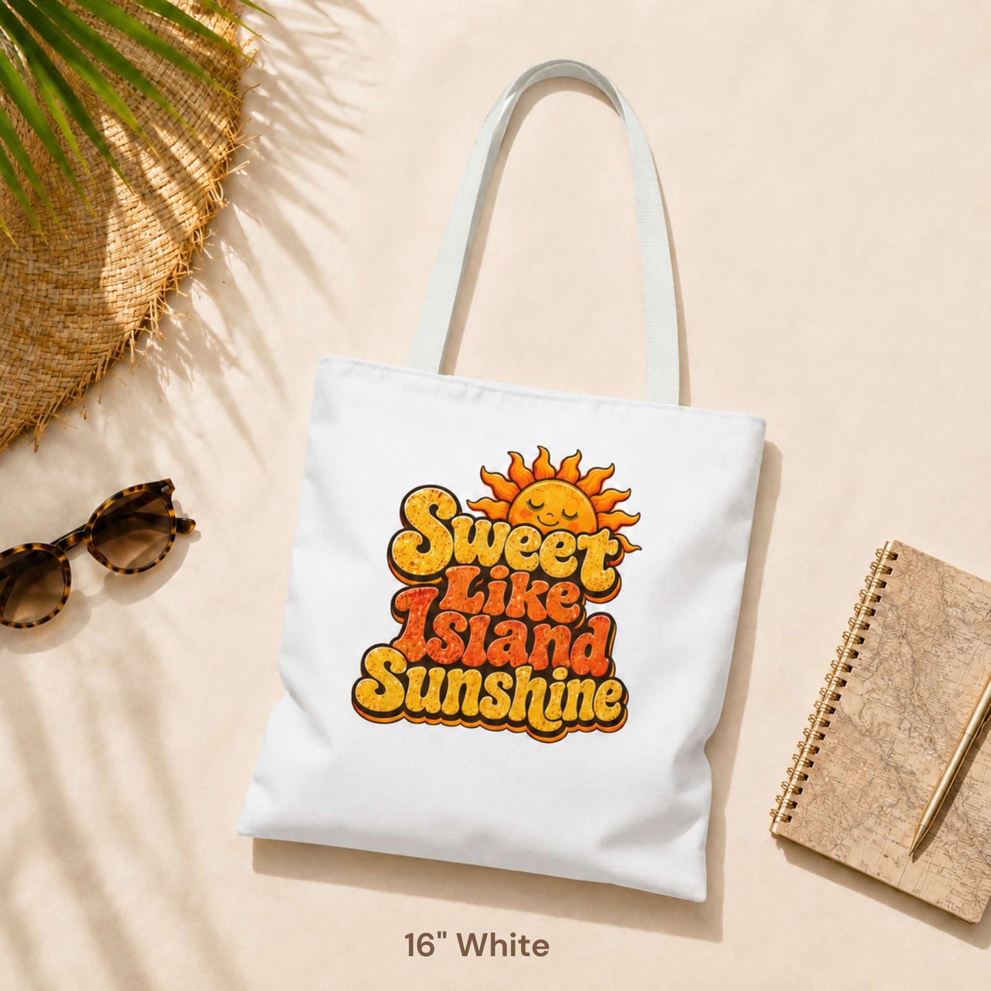 Sweet Like Island Sunshine tote bag with warm orange and yellow retro graphic and smiling sun design.