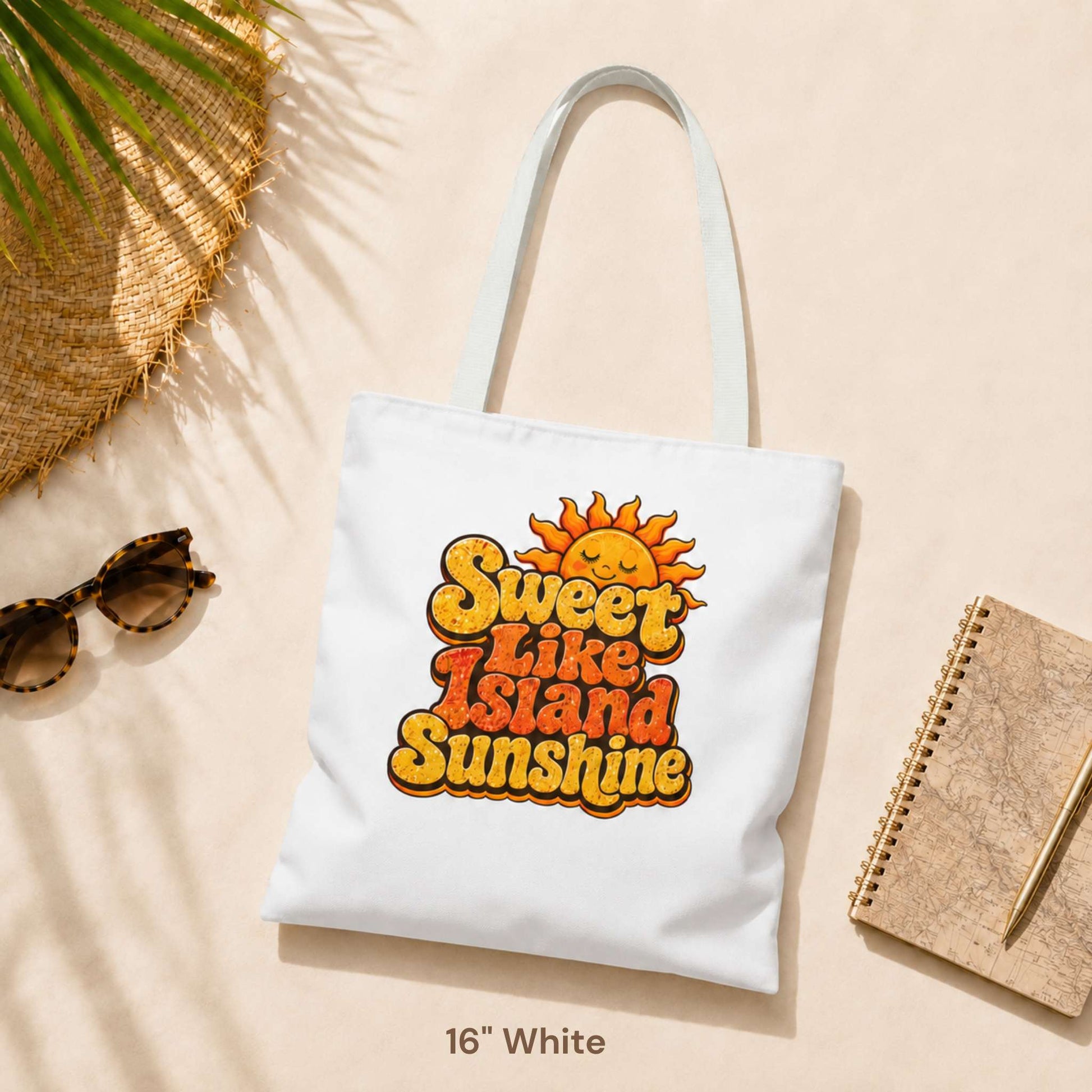 Sweet Like Island Sunshine tote bag with warm orange and yellow retro graphic and smiling sun design.