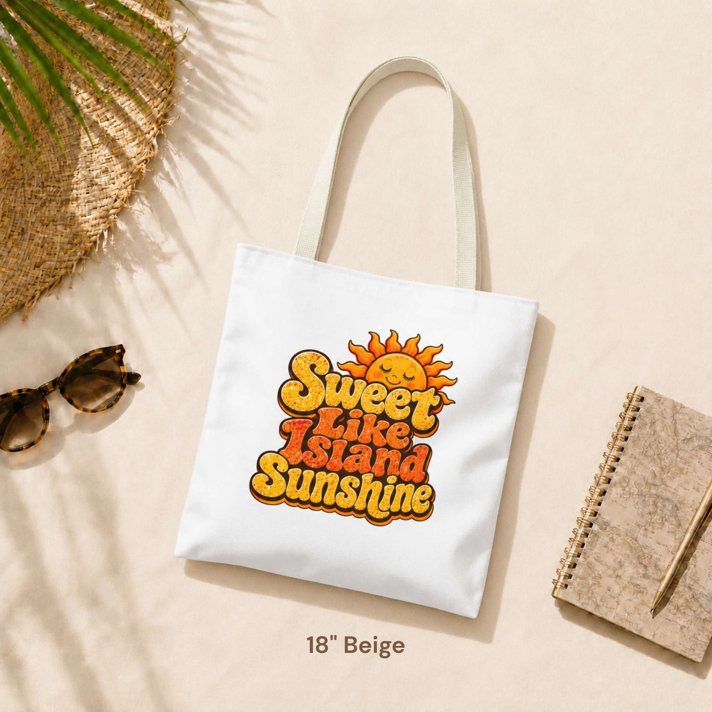 Sweet Like Island Sunshine tote bag with warm orange and yellow retro graphic and smiling sun design.