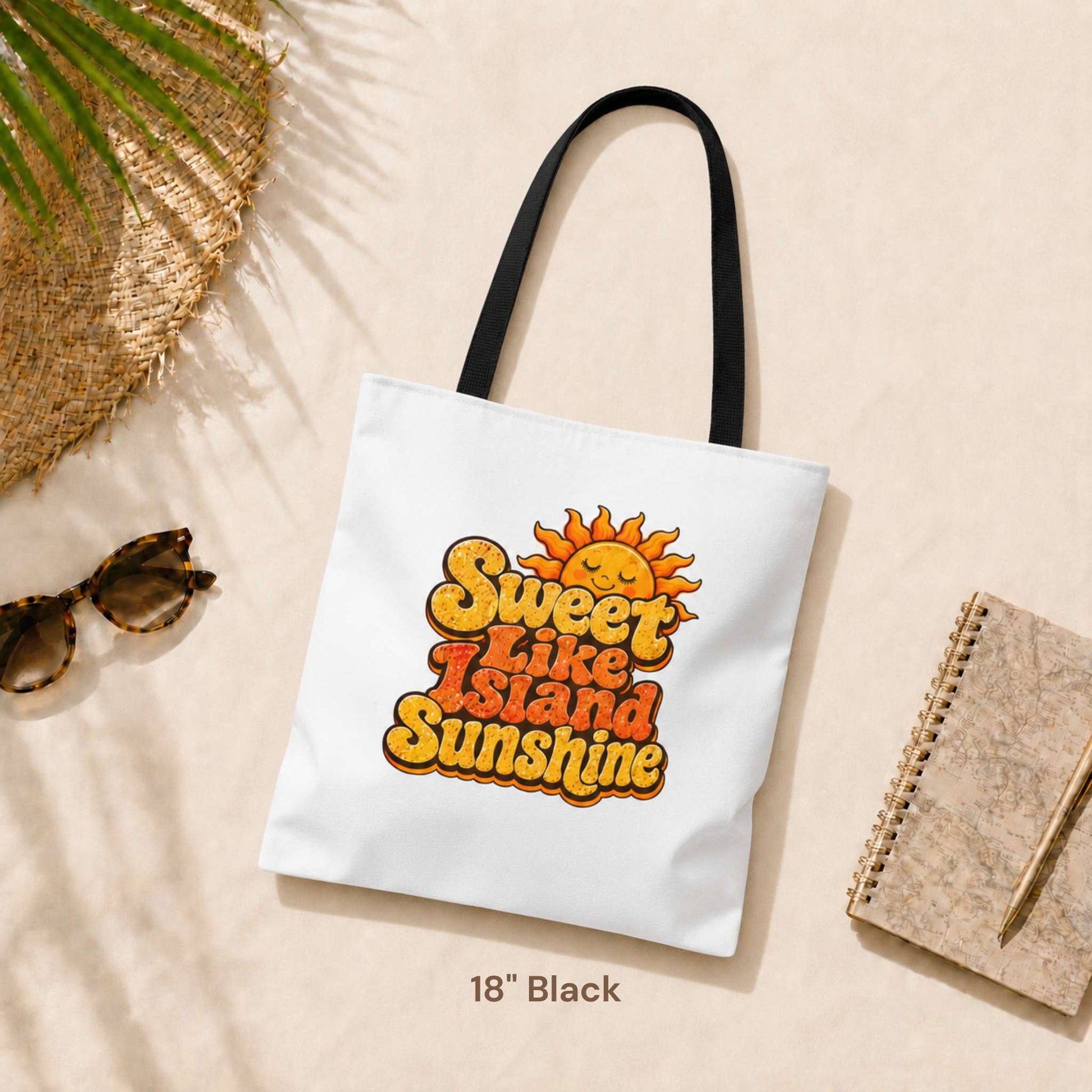 Sweet Like Island Sunshine tote bag with warm orange and yellow retro graphic and smiling sun design.