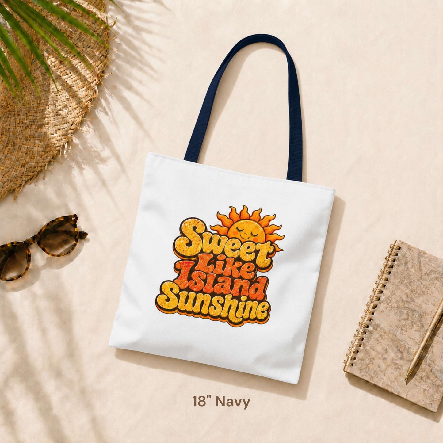 Sweet Like Island Sunshine tote bag with warm orange and yellow retro graphic and smiling sun design.