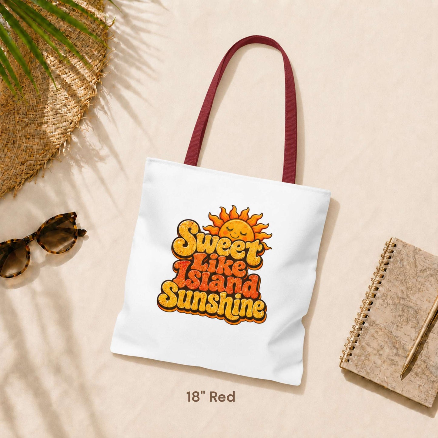 Sweet Like Island Sunshine tote bag with warm orange and yellow retro graphic and smiling sun design.