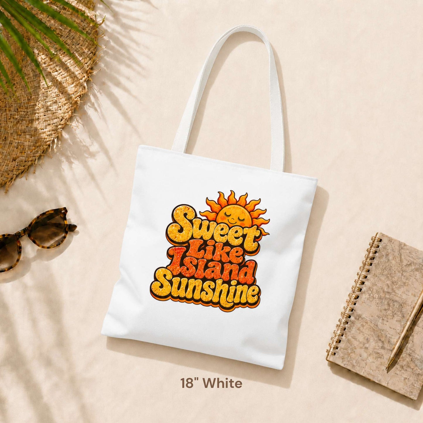 Sweet Like Island Sunshine tote bag with warm orange and yellow retro graphic and smiling sun design.
