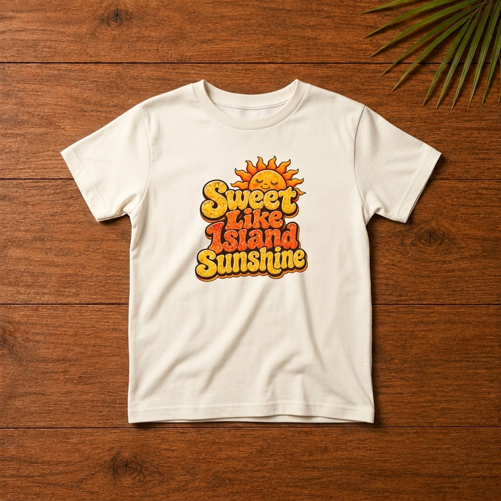 Toddler shirt with Sweet Like Island Sunshine Caribbean graphic in warm orange and yellow lettering.