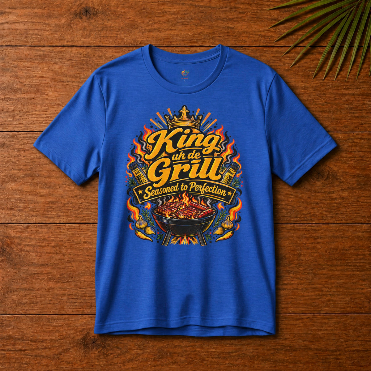 King uh de Grill Adult T-Shirt in true royal blue with Seasoned to Perfection grill graphic.