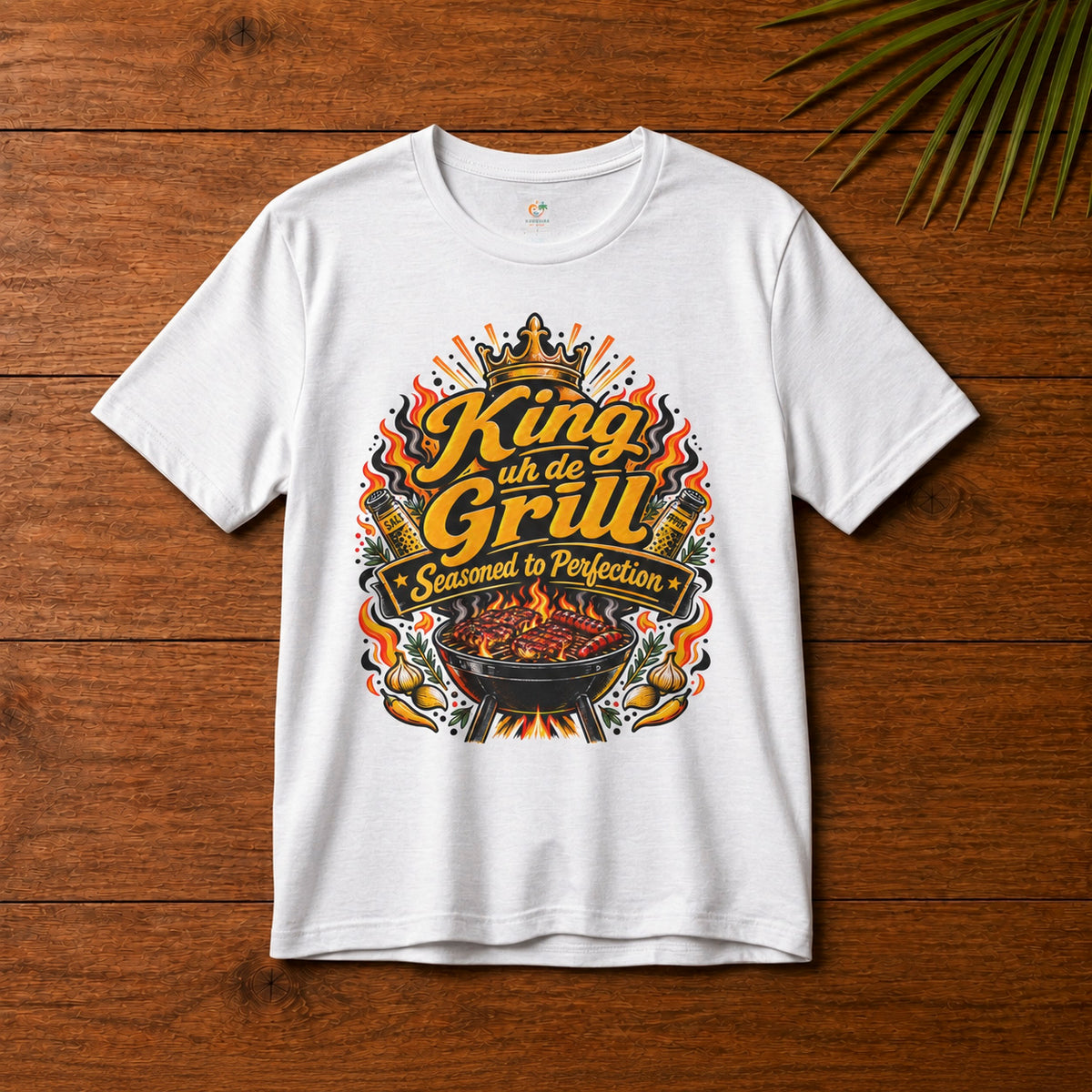 King uh de Grill Adult T-Shirt in white with Seasoned to Perfection grill graphic.